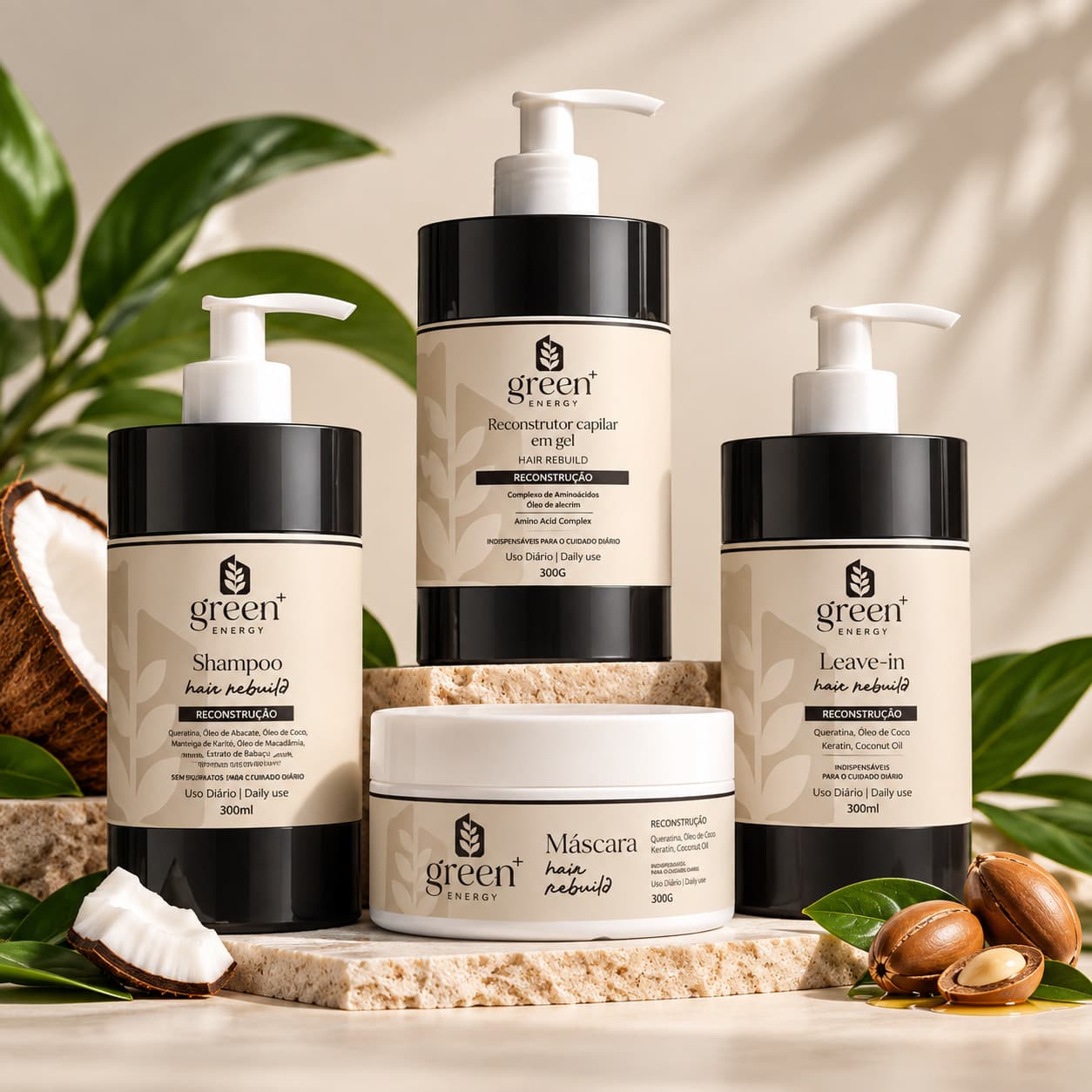 Línea Hair Rebuild de Green Energy: champú, leave-in, gel reconstructor y mascarilla en envase negro y crema, con coco y argán