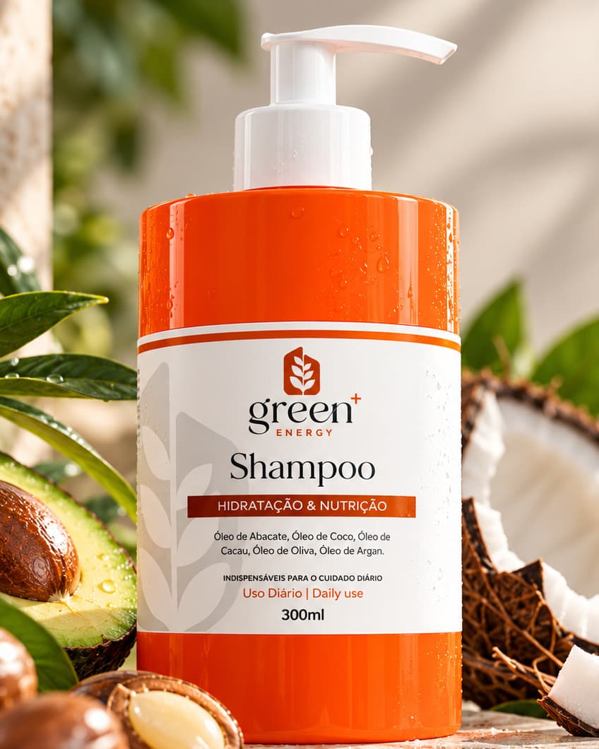 Champú Hidratación y Nutrición de Green Energy en frasco dosificador naranja de 300 ml, con aguacate y coco